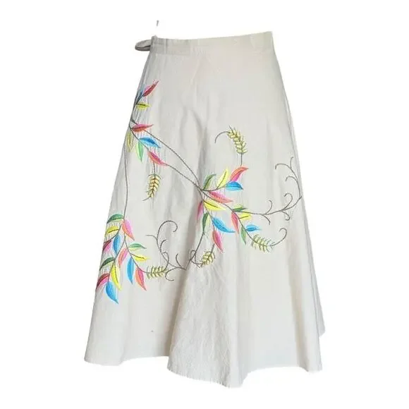 BCBGMAXAZRIA Floral Embroidered Flared A-Line Skirt Tan Neutral 100% Cotton L - Picture 8 of 13